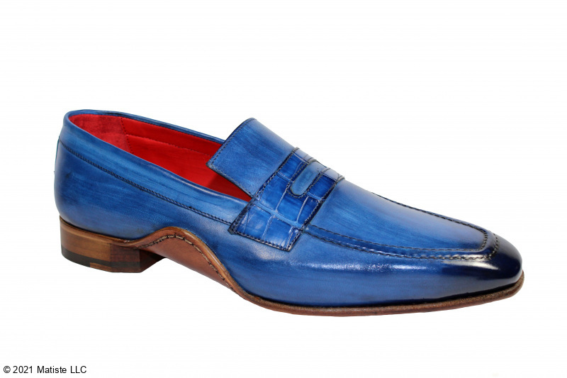 Fennix Italy "Edward " Blue Genuine Alligator / Calf-Skin Leather Penny Loafer Shoes.